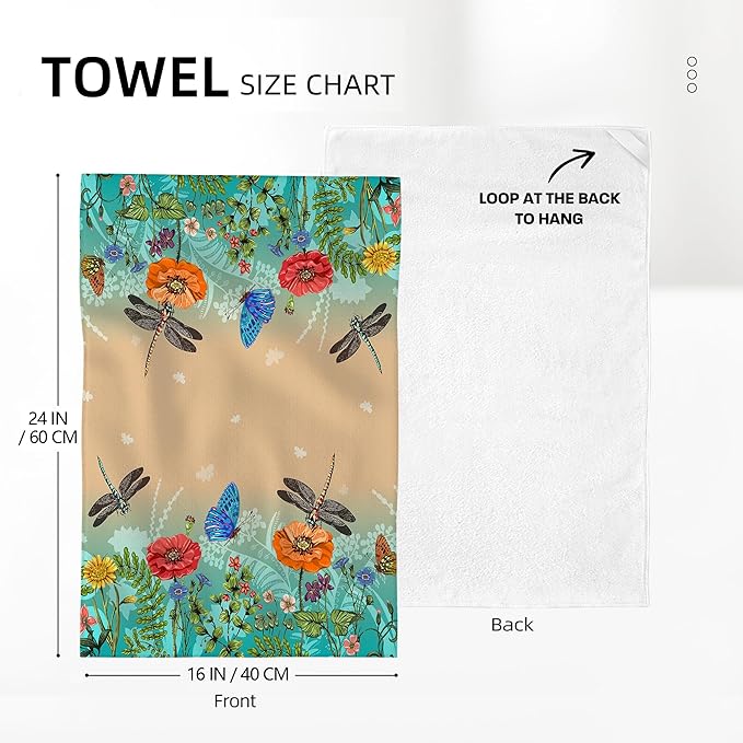 Dragonfly Floral Kitchen Towel Decorative Set of 2 Soft Absorbent Hand Towels