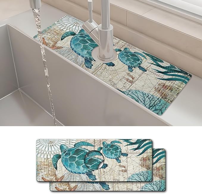 2PCS 15" X 5.5" Kitchen Sink Splash Guard Faucet Mat Sea Turtles Super