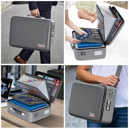 DocSafe Fireproof Document Box with Lock＆Shoulder Strap,Hard Case File Organizer with Accordion File Folder,Multi-Layer Portable Home Office Travel Safe Storage for Important Documents Laptop Gray