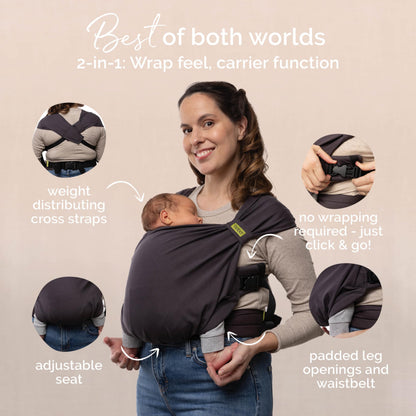 Boba Bliss Baby Carrier Newborn to Toddler (7-35 lbs) - Light & Breathable Toddler Carrier - Certified Hip-Healthy, Adjustable Straps for All Parents, Hybrid, Soft & Stretchy 0-18 Months (Charcoal)