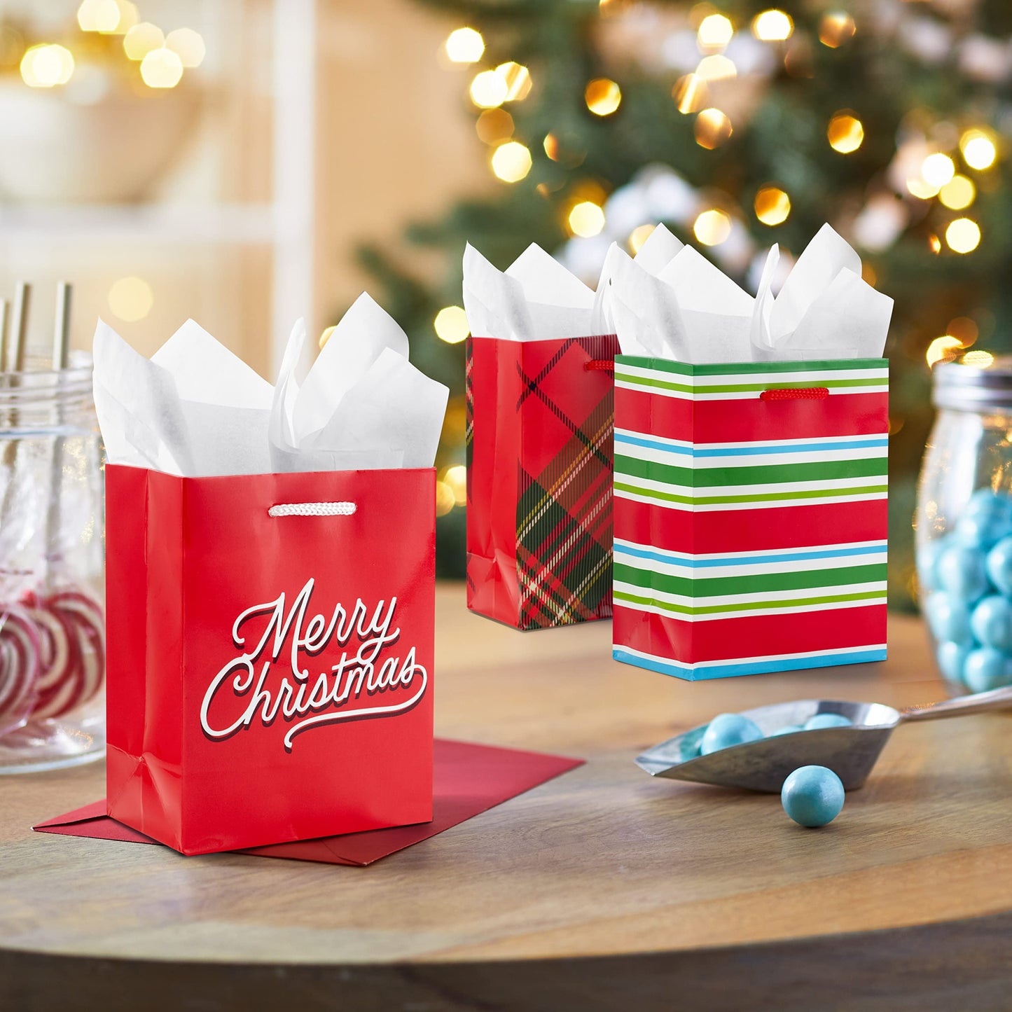 Hallmark Image Arts 5" Small Christmas Gift Bag Bundle (10 Bags: Santa, Plaid, Stripes, Penguin) for Kids, Coworkers, Gift Cards, Party Favors