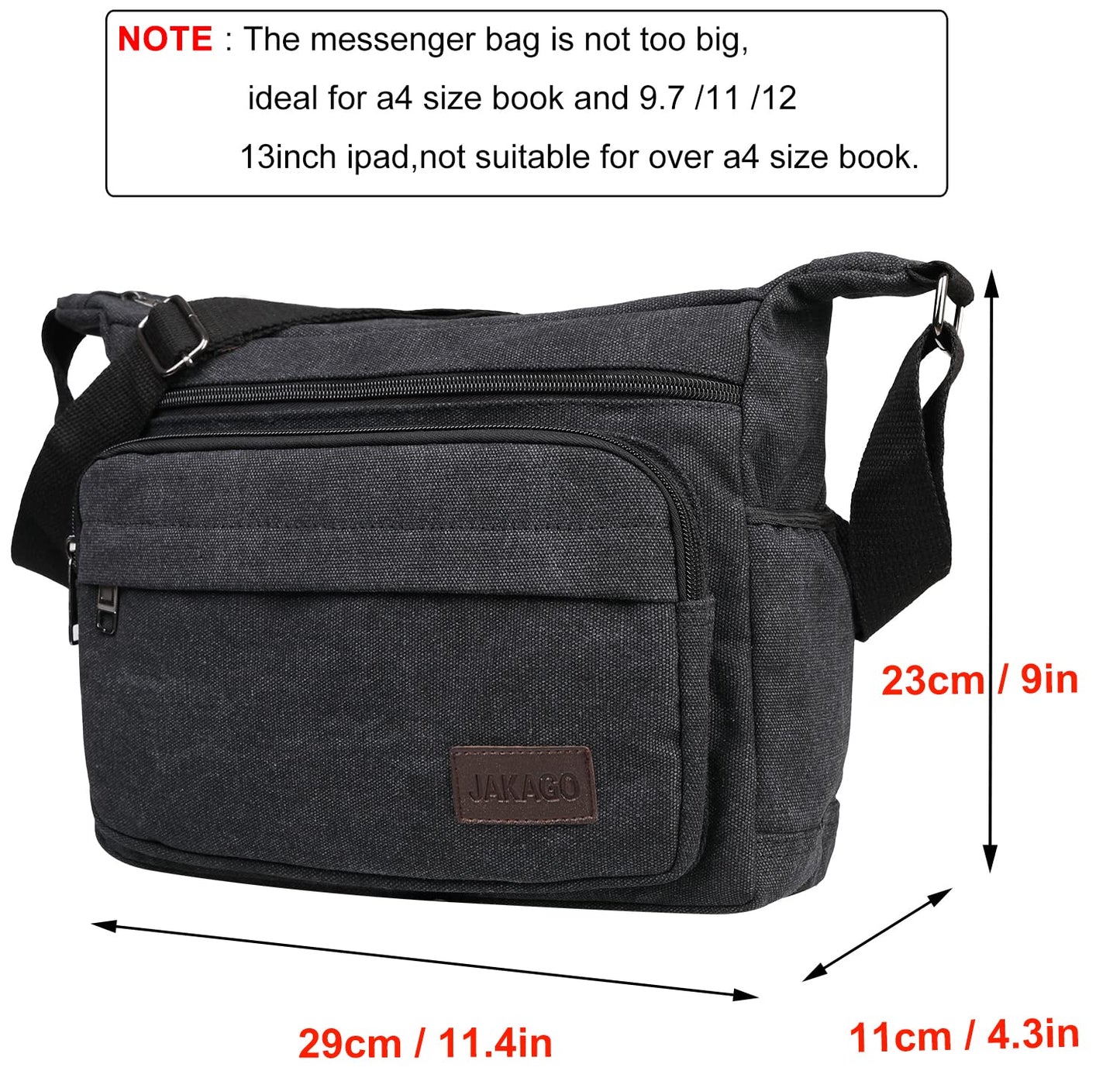 JAKAGO Messenger Shoulder Bag 13 Inch, Multi Pockets Canvas Crossbody Bag for Men/Woman,Casual Lightweight Satchel for Travel Outdoor Hiking Working Daily Use (Black)