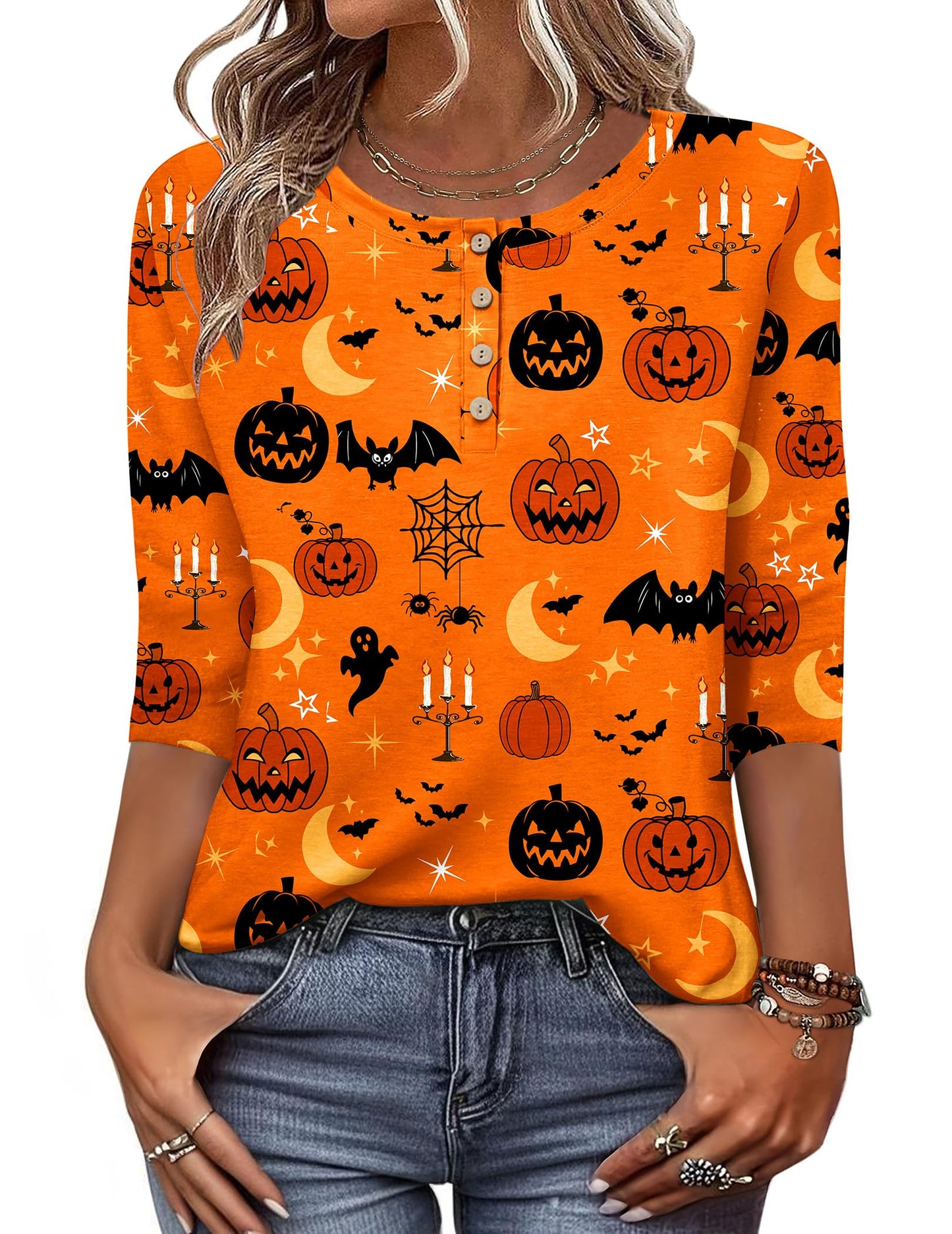 Zeagoo Orange 3/4 Sleeve Halloween Shirts for Women Crew Neck Dressy Casual Tunic Tops Fall Button Up Blouses 2025