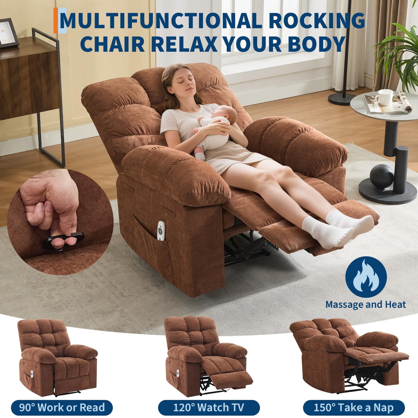 21.4'' Wide Recliner Chair,Massage & Heat Recliner Chair for Adults,Home Theater Seating with Lumbar Support,Ergonomic Breathable Fabric Nursery Rocking Chairs for Living Room