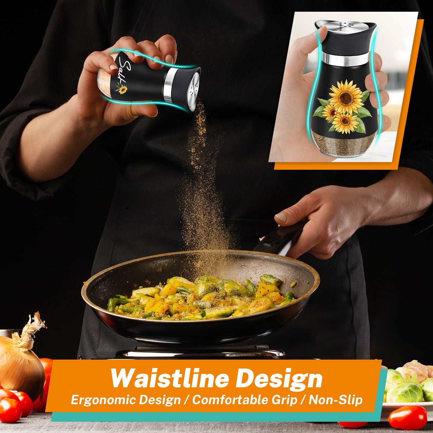 Black Sunflower Salt and Pepper Shakers Set - 4oz Farmhouse Kitchen Gadget and Accessories Sunflower Gifts for Decor Cooking Table,Housewarming,Thanksgiving,Christmas