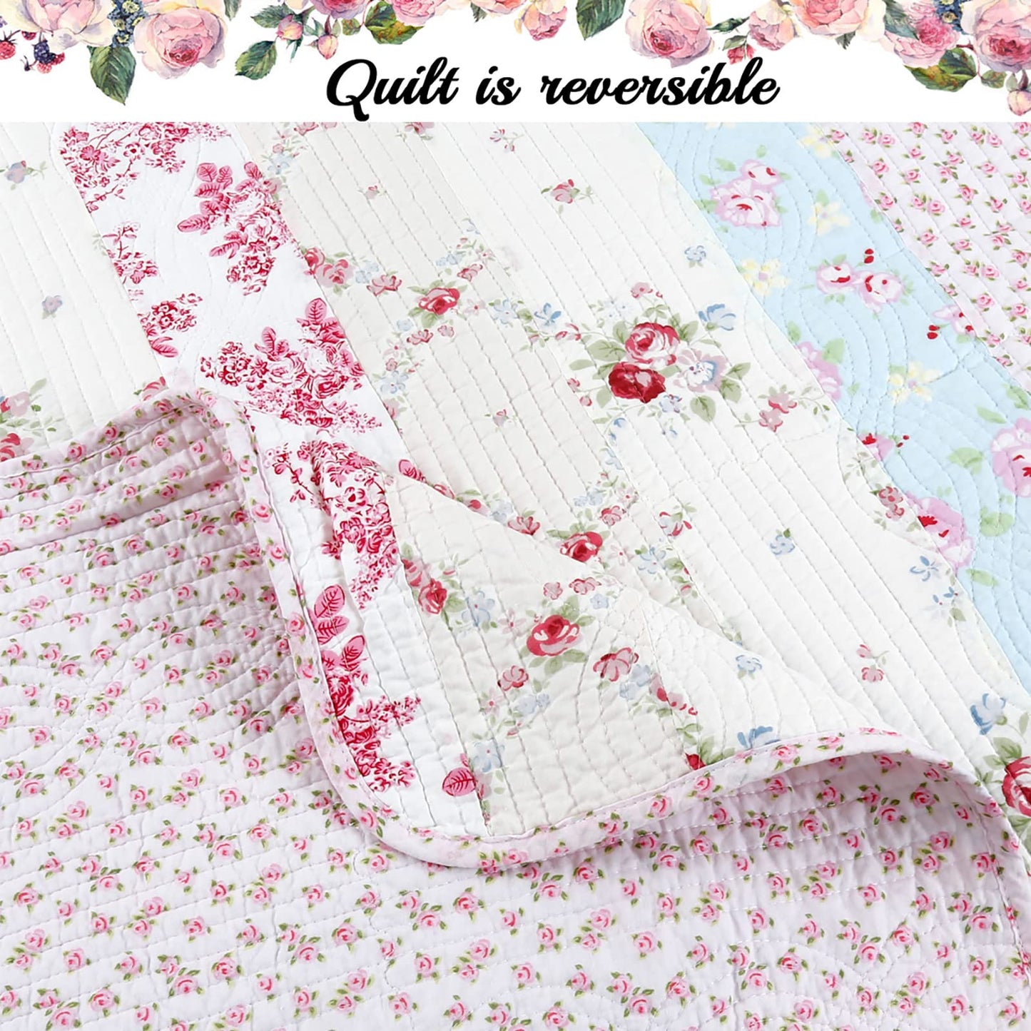 Cozy Line Home Fashions 100% Cotton Real Patchwork Floral Striped Cotton Reversible Quilt Bedding Set, Coverlet, Bedspread (Wild Rose, Queen - 3 Piece)