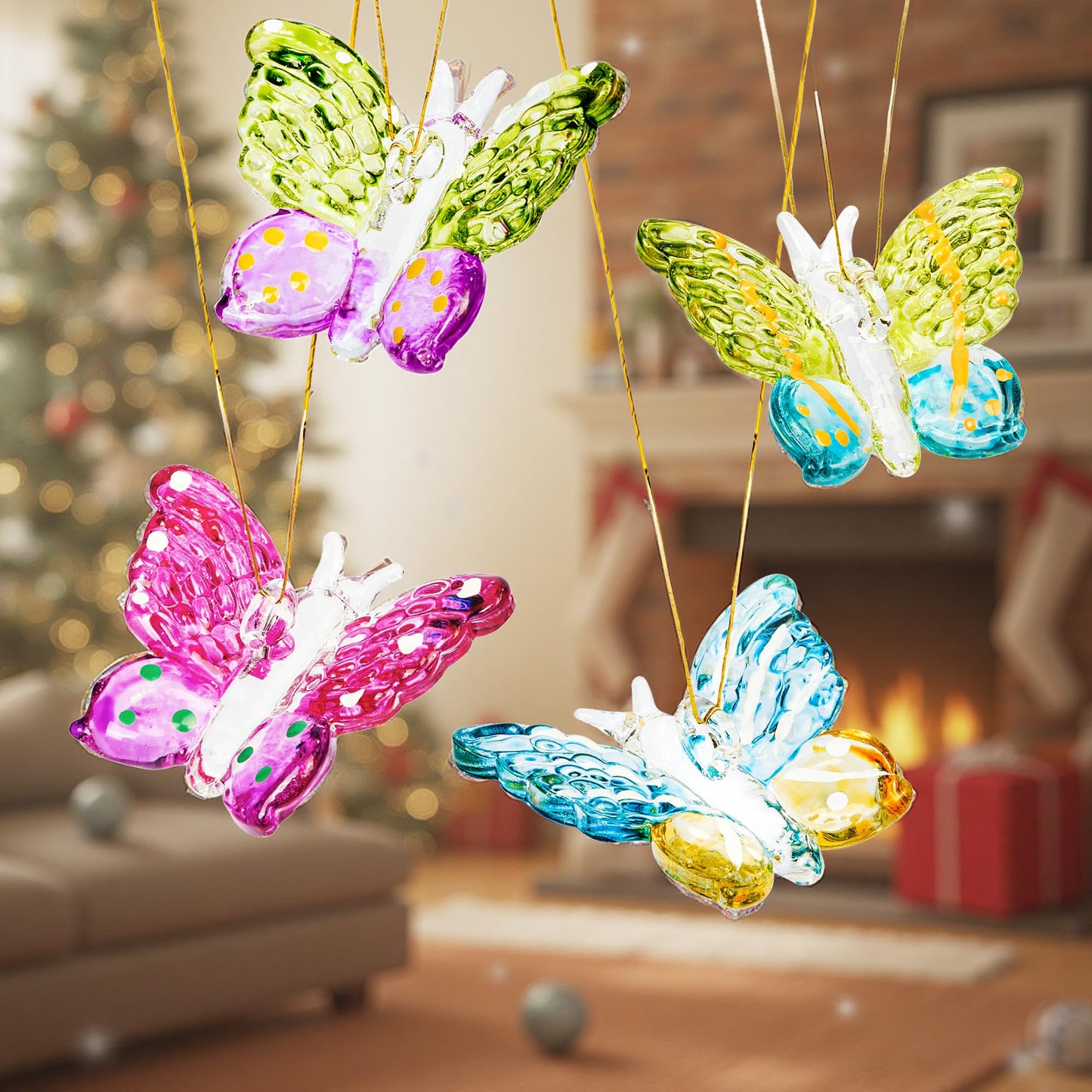 Set of 4 Crystal Butterfly Ornaments 1.7in Hanging Glass Butterflies Collectible Decoration for Home Window Patio Tree