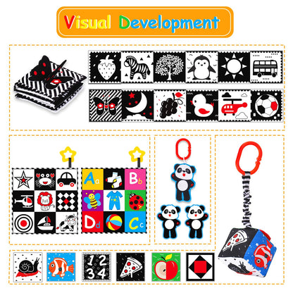 4 PCS Black and White High Contrast Baby Toys 0-3-6 Months Newborn Essential Montessori Toy for Babies Crinkle Sensory Book Brain Development Tummy Time Mirror Infant Carseat Rattle Easter Shower Gift