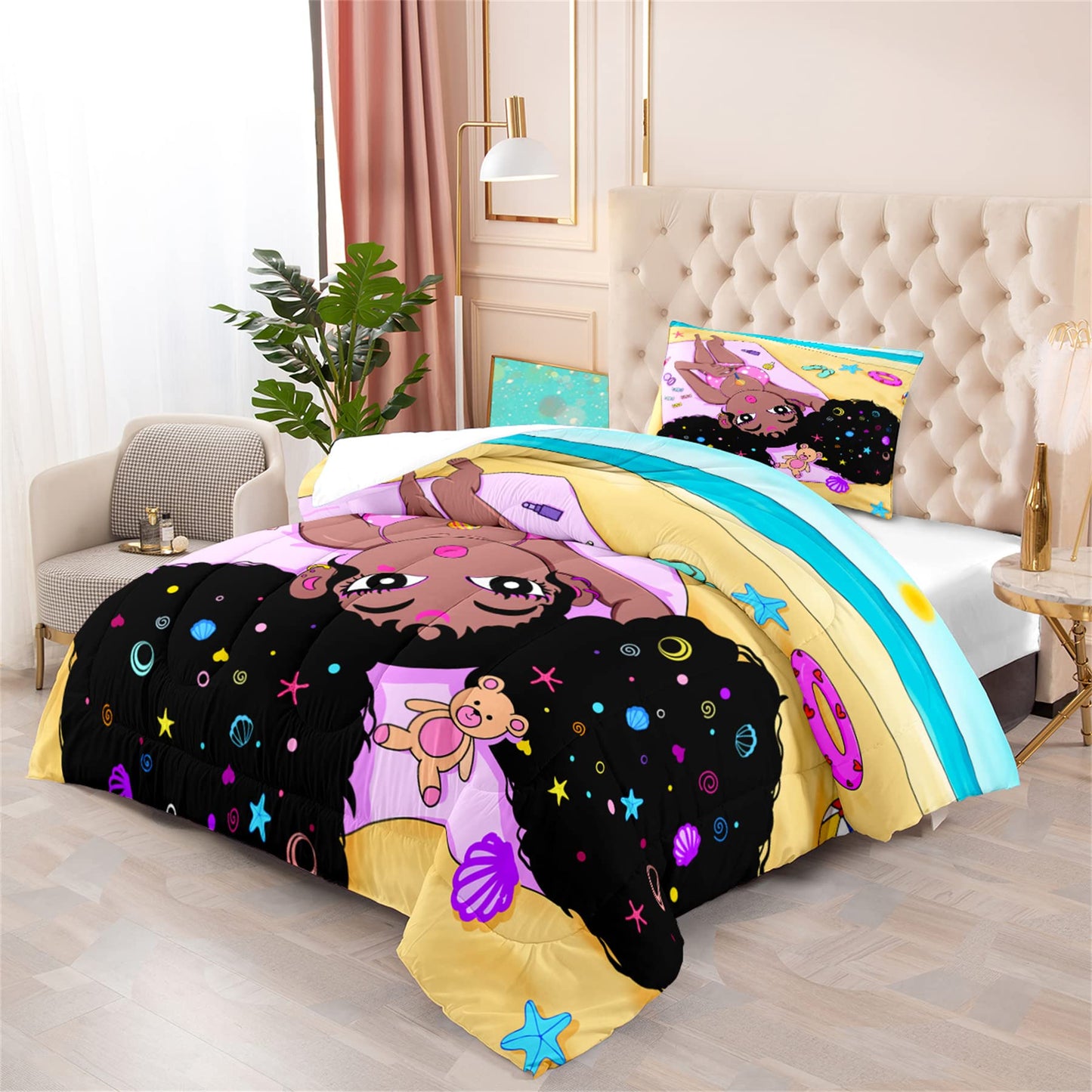 CAFCIOYG African Black Girls Comforter Set Twin African American Black Girls Bedding Set for Bedding Bedroom, All Seasons, 1 Comforter with 1 Pillowcase