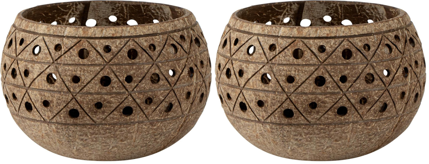 Restaurantware - Coco Casa 4 x 3.3 Inch Coconut Shell Candle Holders, 1 Reusable Tealight Candle Holders - Candle Not Included, Geometric Pattern, Tan Coconut Bowls for Candles, Handcrafted