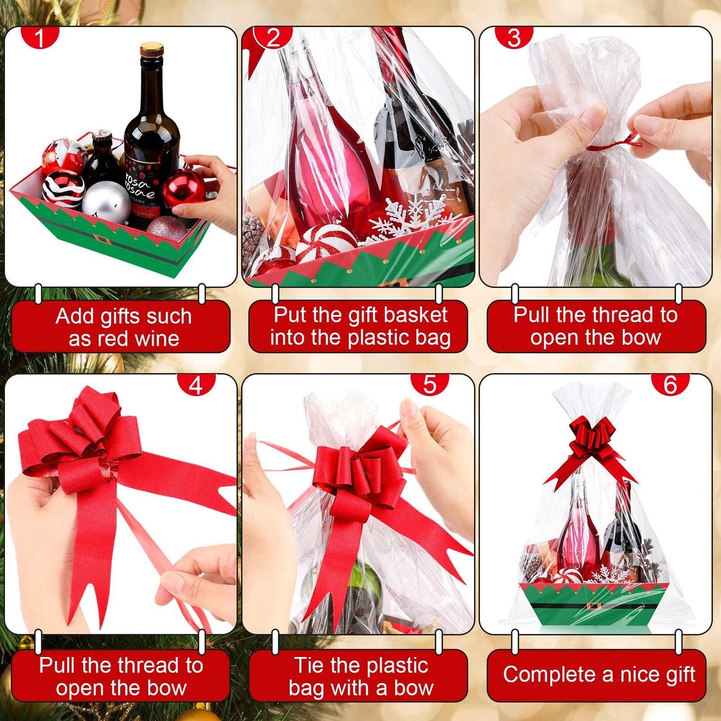 Yeaqee 36 Pcs 12 Pack 8 x 10 Inch christmas Baskets for Gifts Empty Santa Claus Baskets with Bows Ribbons Bulk Thank You Appreciation Gift Box for Holiday Party Favors