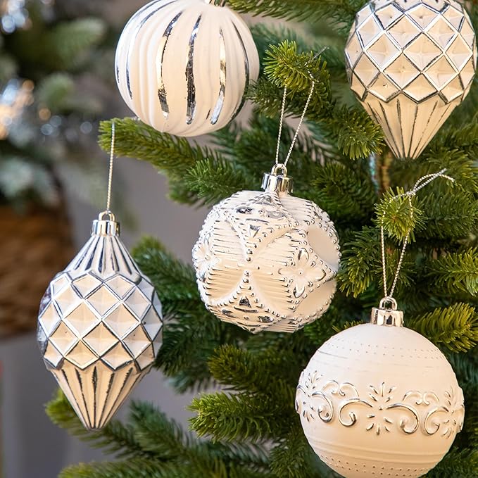16PCS Shatterproof Christmas Ball Ornaments Set, Hand-Painted Holiday Decor with Assorted Sizes & Designs for Christmas Tree Thanksgiving Party Decoration, Silver-White
