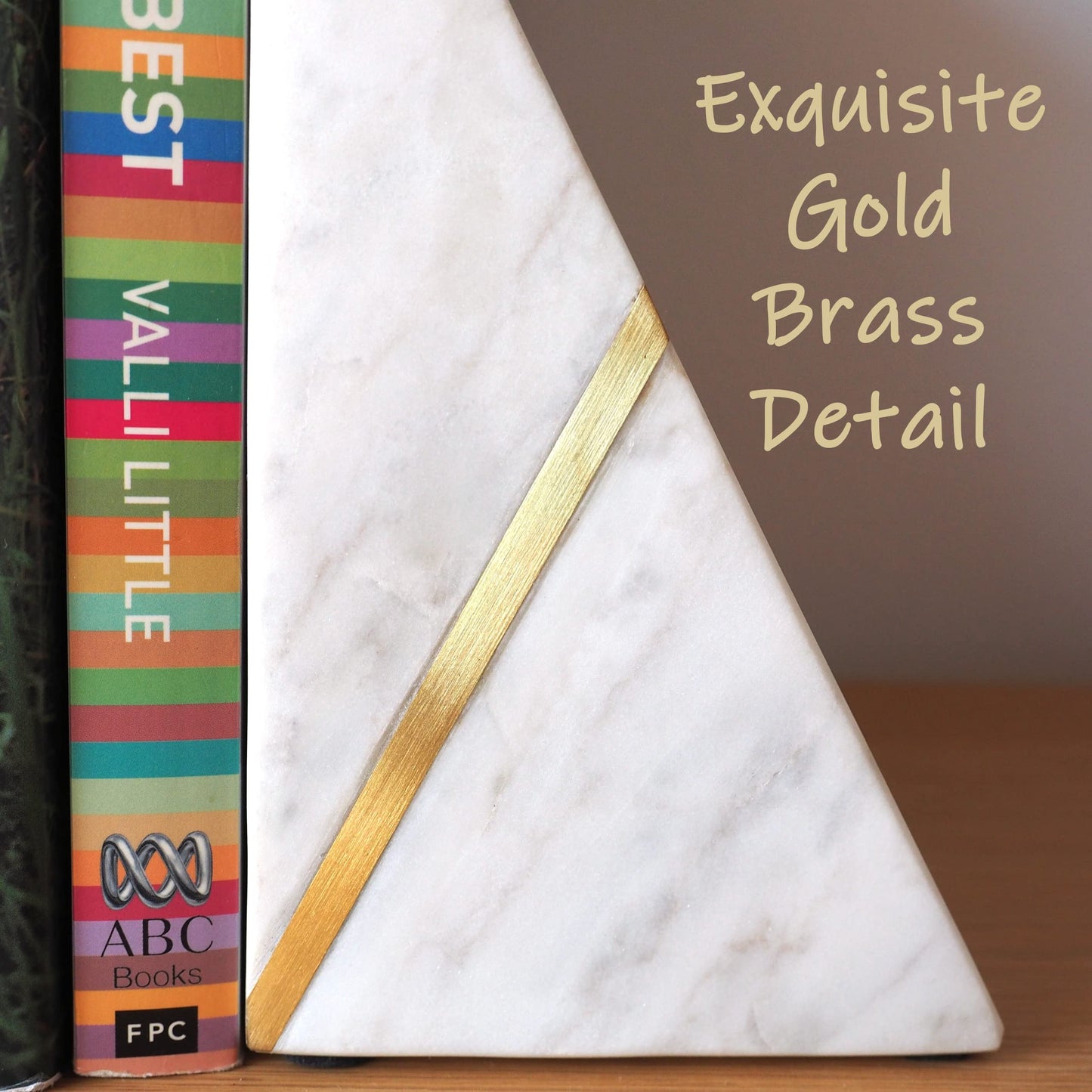 Marble Bookends Handcrafted Heavy Marble Triangular Bookshelf Decor Brass Inlay Set of 2 Decorative Bookends Book Stoppers with Non-Skid Bottom Solid Home Kitchen Office Shelves Triangle