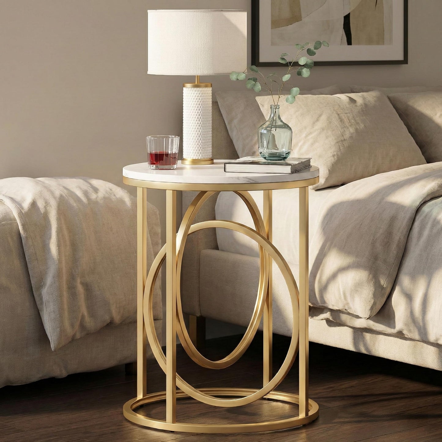 LITTLE TREE 20” Round End Table，Modern Sofa Side Table with Gold O-Shaped Base, Faux Marble White Cocktail Table Accent Table Nightstand for Living Room Bedroom, 2PCS