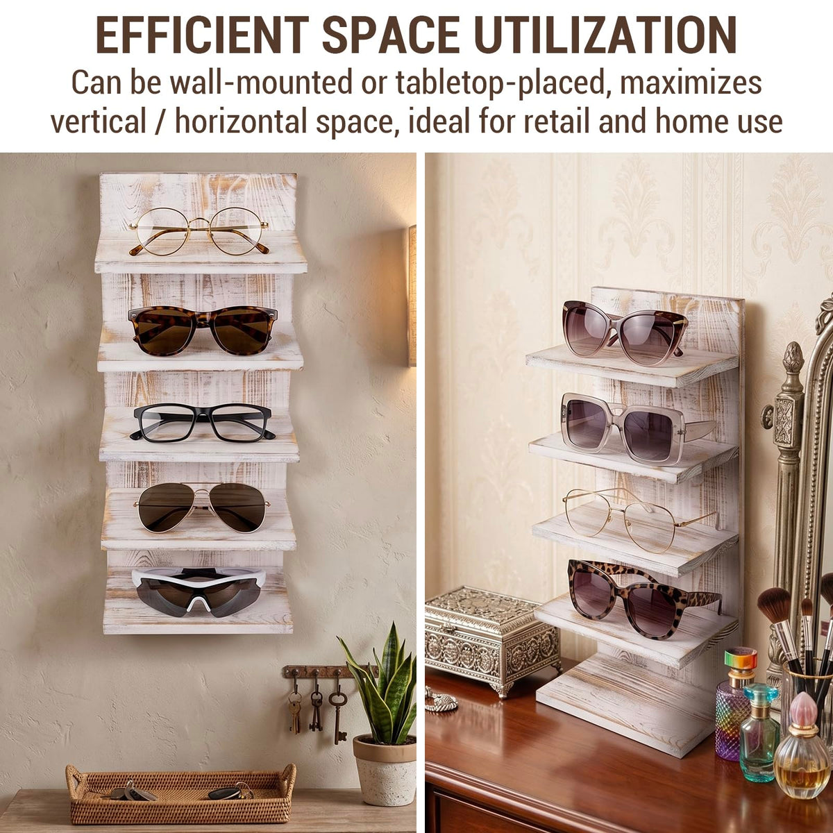 MyGift Sunglasses Organizer for Wall, Wooden Eyeglasses and Sunglass Holder Rack, 5-Tier Whitewashed Wood Eyewear Storage Display Shelf for Closet Entryway or Retail Showcase