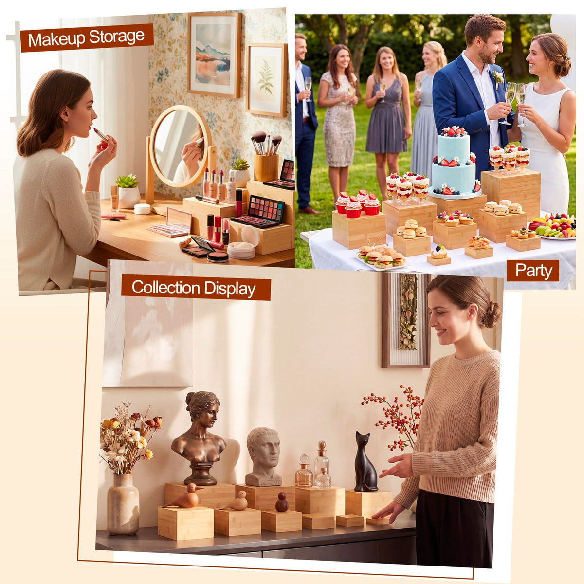 Fiwochic 10 Pcs Bamboo Buffet Risers, 9.8'' 8.8'' 7.9'' 6.9'' 5.9'' 4.9'' 4'' 3'', Large Food Risers for Buffet Table, Cake Display Stand Cube Box for Wedding Party Catering Dessert Jewelry Home Decor