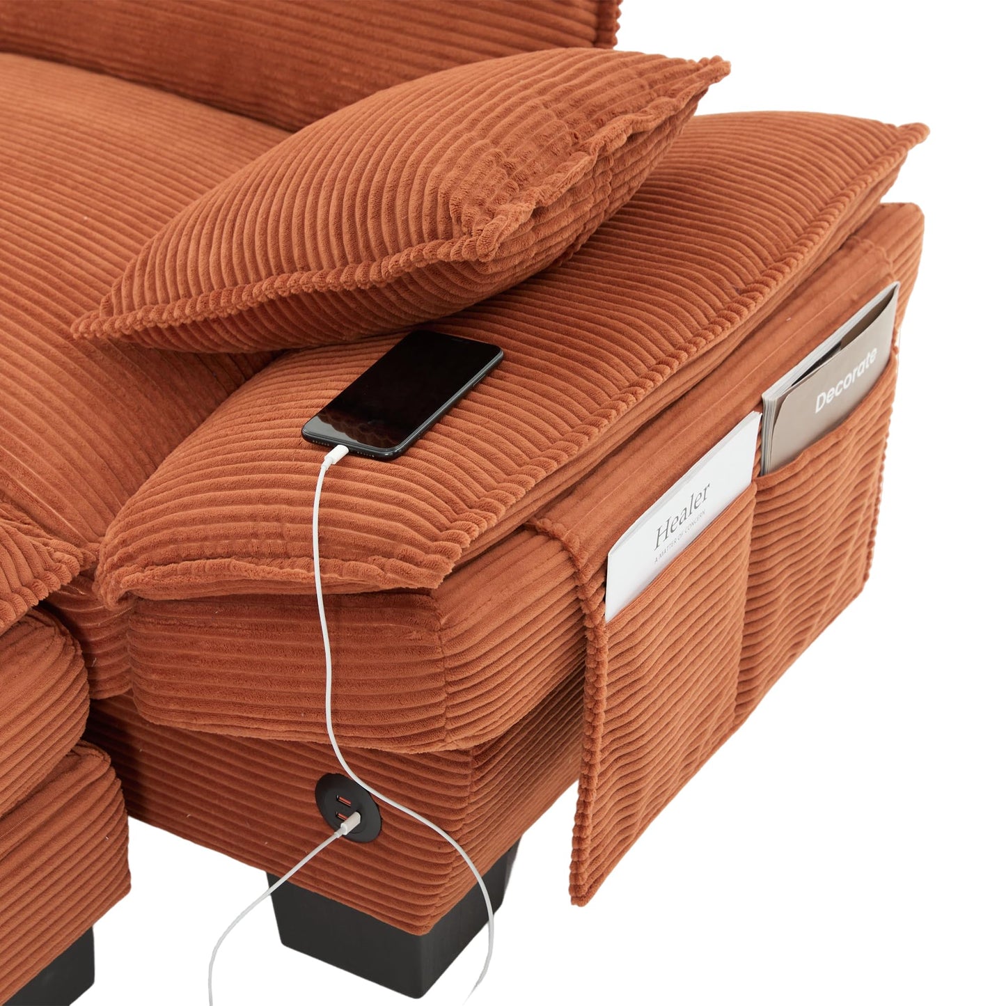 102" Oversized Cloud Modular Sectional Sofa with Movable Ottoman, Free Combination Convertible L Shaped Corner Couch Sets,Comfy Corduroy Upholstered Orange Sofa & Couch for Living Room
