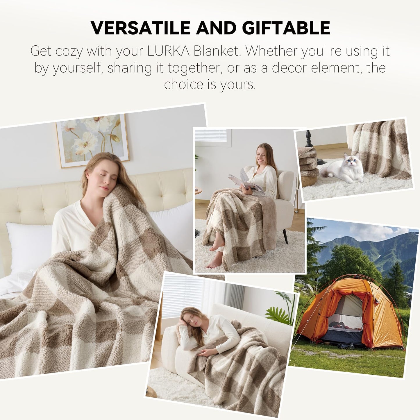 LURKA Checkered Sherpa Fleece Throw Blanket – Soft and Cozy, Medium Weight for All Season, Plush Throw for Couch, Bed & Pets, Khaki, 50x60 Inches