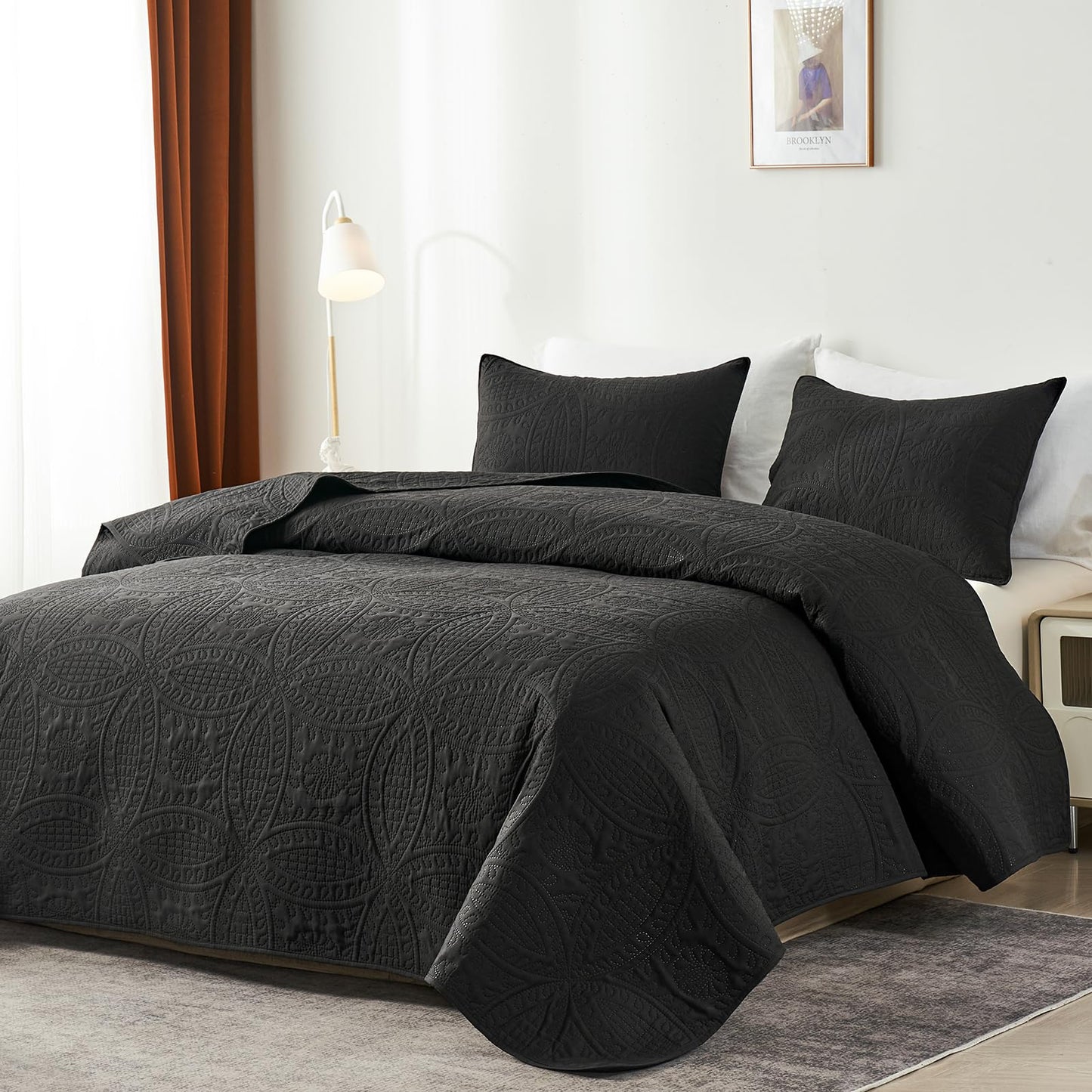 akkialla Queen Quilt Bedding Set,Black Ultrasonic Full/Queen Quilt Set,Lightweight Soft Bedspread Coverlet,Modern Style Coin Pattern Bed Cover for All Seasons,3 Piece(1 Quilt,2 Pillow Shams)