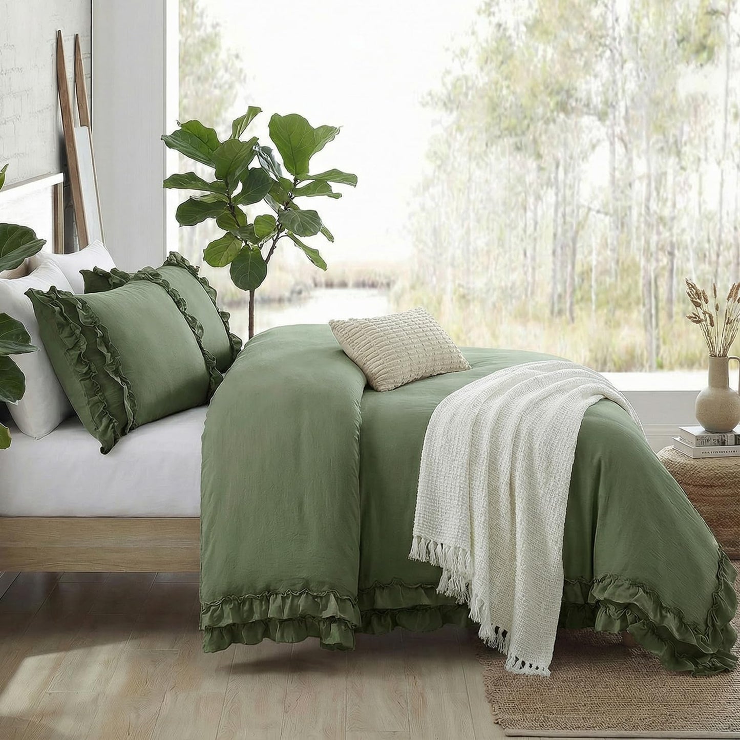 Avocado Green Duvet Cover Queen Ruffled Bedding Set Pleated Ruffle Fringe Shabby Chic Bedding Super Soft Cozy Boho Bedroom Bedding for All Season