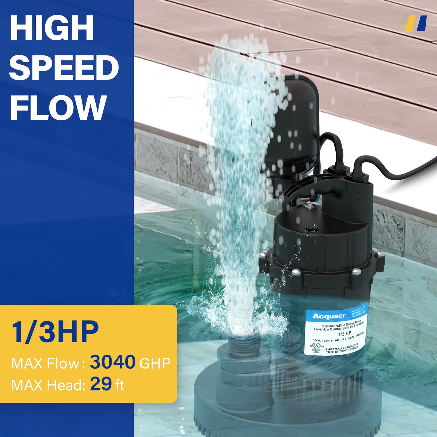 Acquaer Sump Pump Submersible Clean/Dirty Water Pump with Adjustable Float Switch for Garden Pool, Basement, Flooded House, Hot Tub and Irrigation, 1/3HP 3040GPH