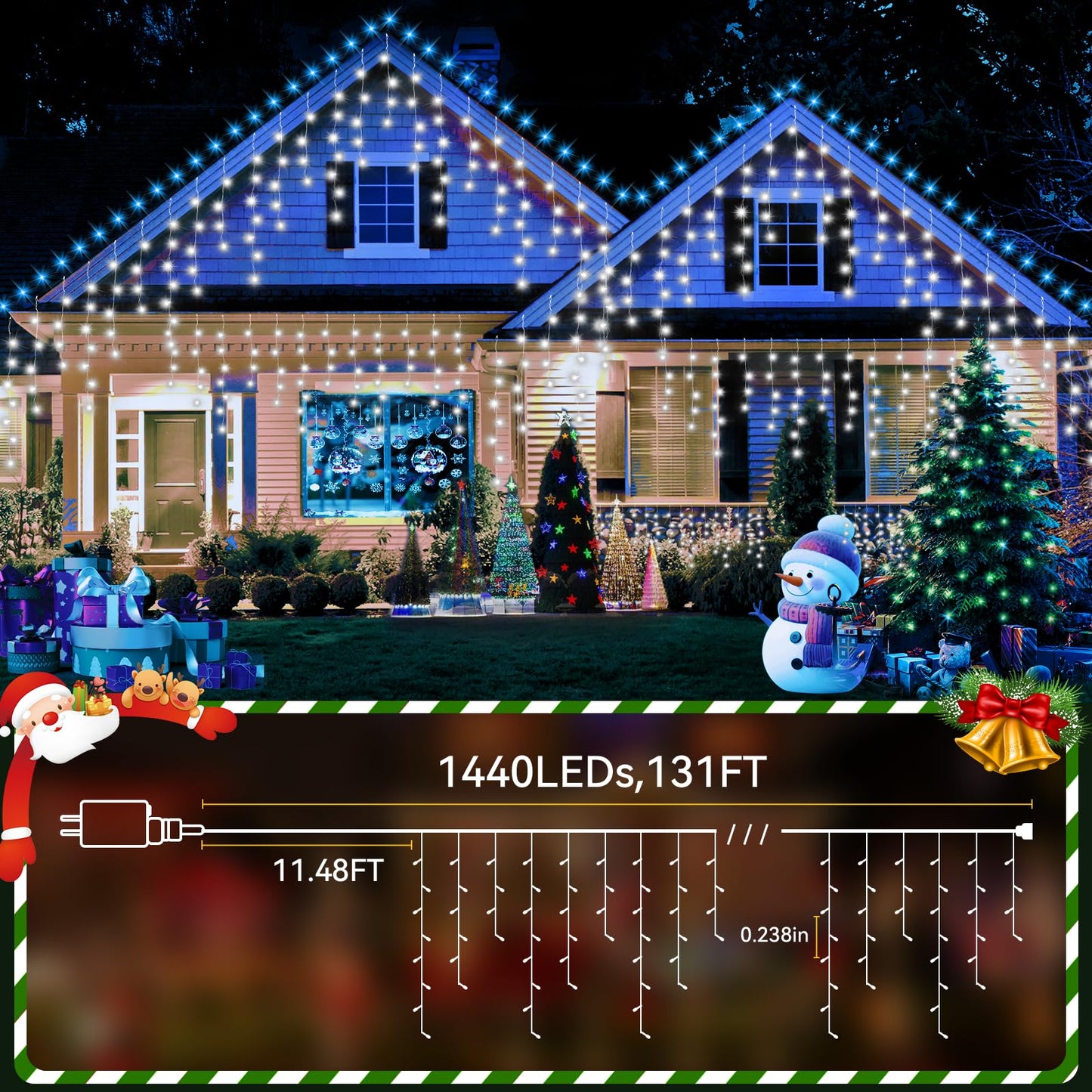 JREWDOIN 131FT Christmas Lights Outdoor 1440 LED Christmas Decorations Waterproof Plug in with 8 Modes & Timer Christmas Lights for Roof Party Garden Holiday Decor (Cool White)
