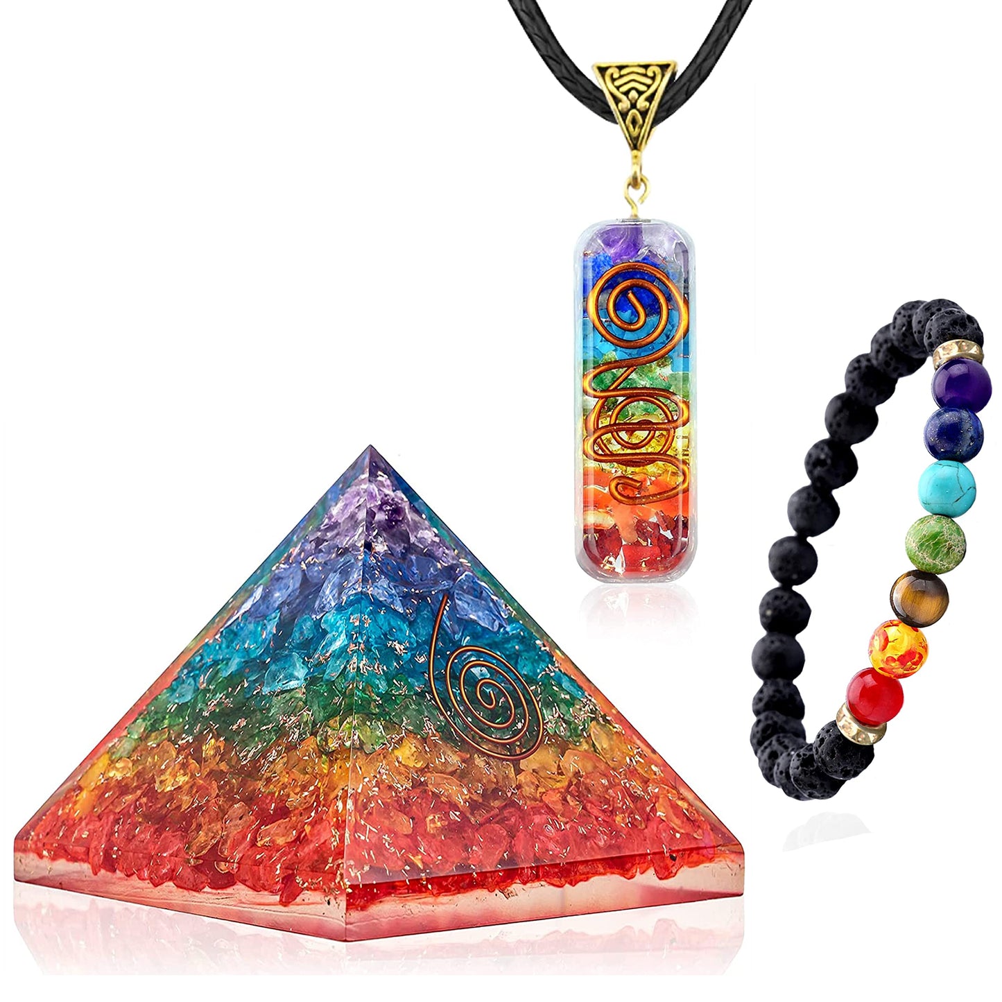 3 in 1 Orgone Pyramid for E-Energy Protection & Healing- meditation orgonite pyramids with Pendant and Bracelet set/crystal chakra set (7 Chakra Medium)