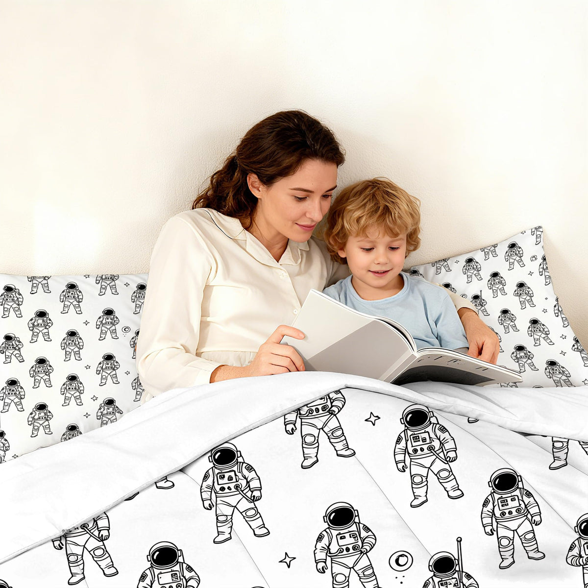 VTKON Black and White Astronaut 3Pcs Comforter Set for Boys, Queen Size Spaceman and Star Bedding Set, Line Print Galaxy Bed Sets for Kids Bedroom with 2 Pillowcases