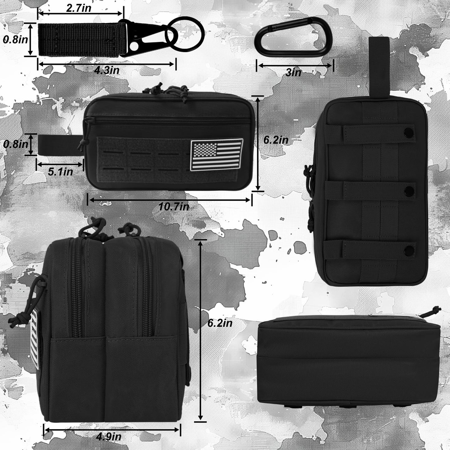 KOZEVARNY Tactical Toiletry Bag For Men,Molle Utility Pouches with US Flag Patch and Keychain,EDC Tool Pouch Bag, Mens Shaving Kit Travel shower Bags (Black)