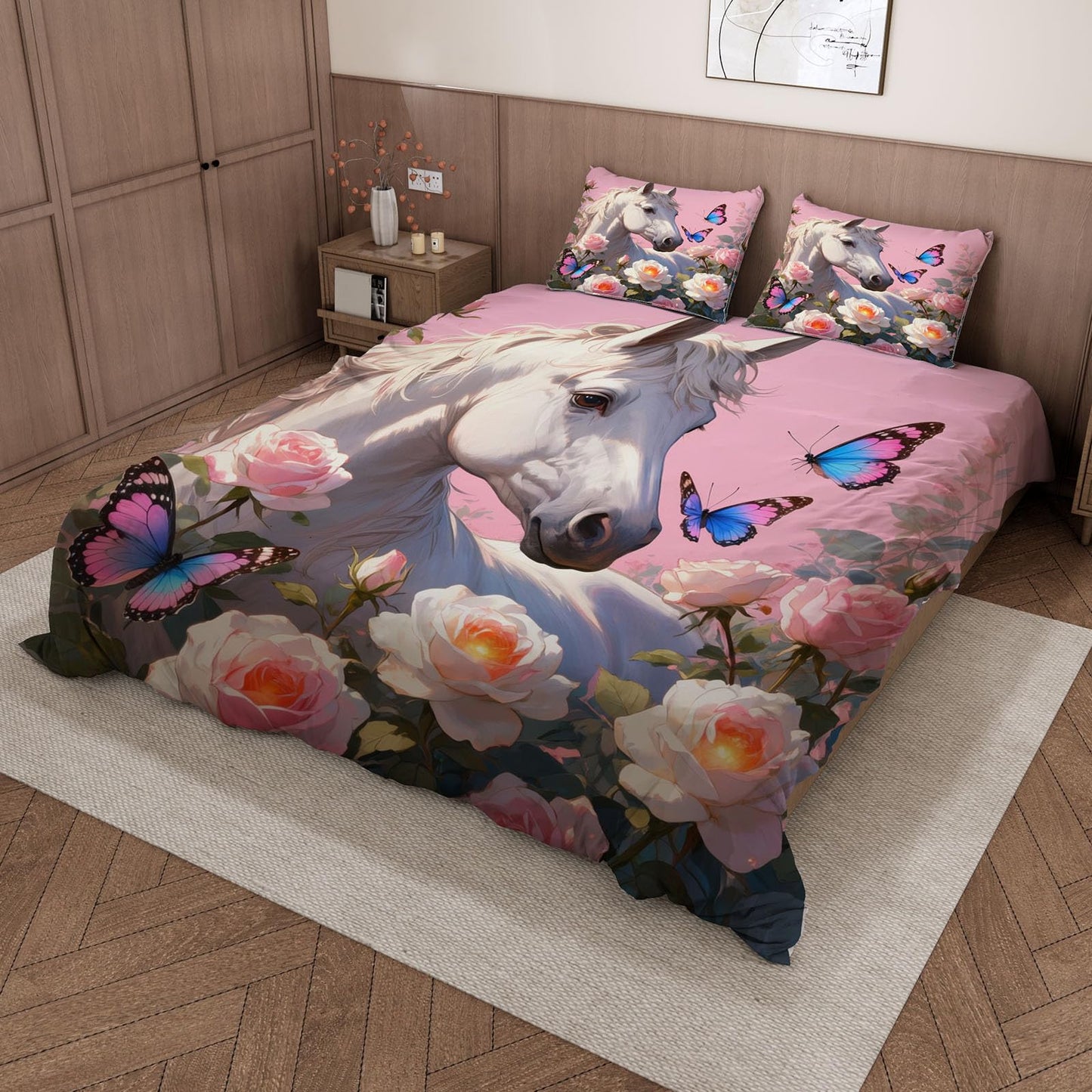 3D Horse Duvet Cover King Size 104x90in Soft Breathable Microfiber Butterfly Flower Bedding Set Zipper Closure Reversible Comforter Cover 3 Pieces with 2 Pillow Shams (WJT 23-3)
