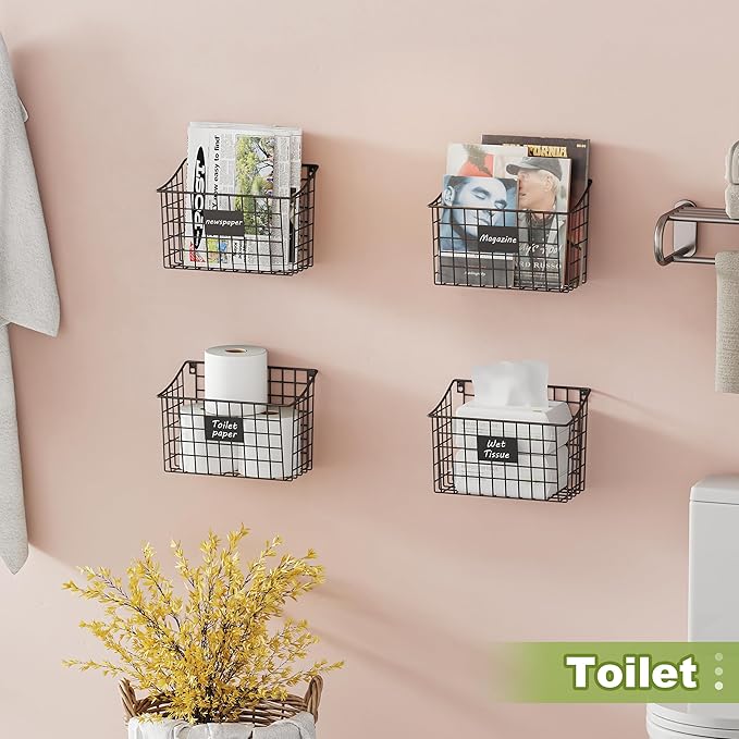 Wall Basket with Label Plate & 5 S-Hooks –4 Pack Hanging Wire Basket