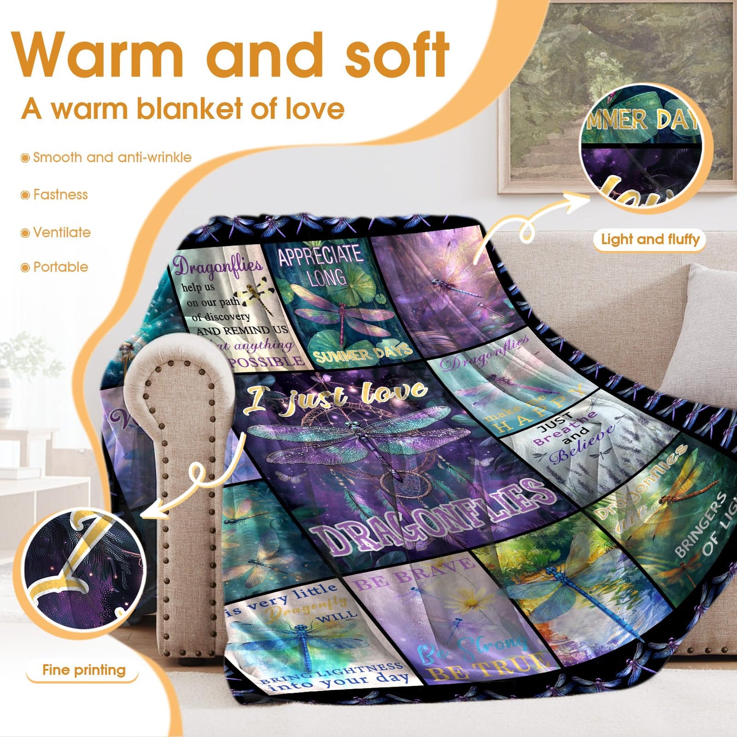 Hohoto Dragonfly Blanket Dream Catcher Gifts for Adults Women Girls Wife Mom Sisters Birthday Christmas Halloween Easter Mother's Day Presents Mom Wife Girlfriend Throw Blanket 50"x60"