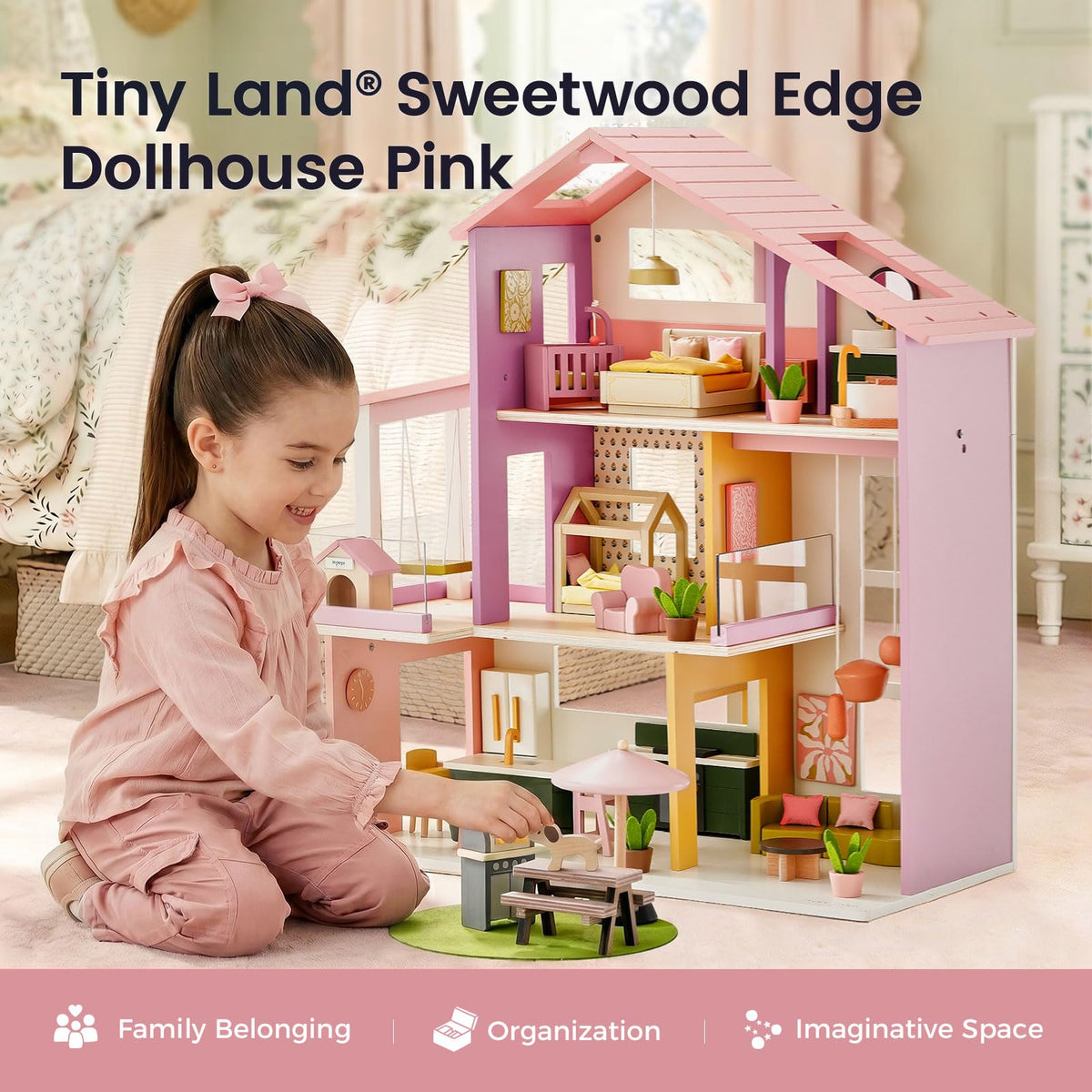 Tiny Land Wooden Dollhouse Garage Set，Wooden Doll House