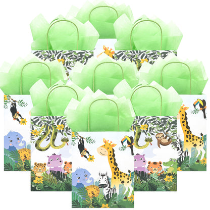 36 Pack Medium Jungle Safari Woodland Animal Themed Paper Gift Bags with Handles and Green Tissue Paper for Birthday Baby Shower Party Favors Goodies Treats, 10x8x4 Inch (2 Assorted Designs)