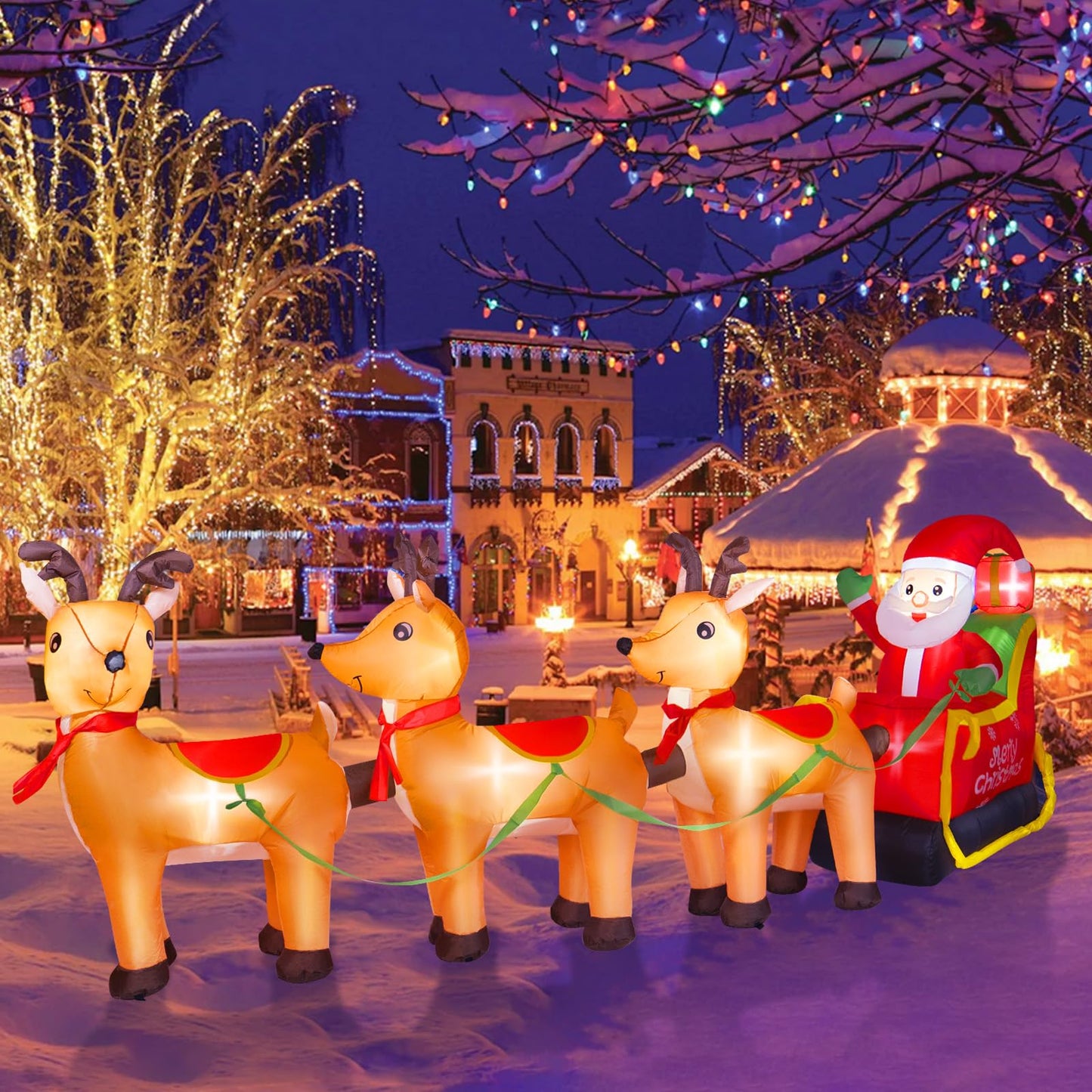BRDJade 12FT Long Christmas Inflatables Outdoor Decorations, Inflatables Santa Claus on Reindeer Sleigh Built-in LED Lights, Christmas Blow Up Yard Decorations for Holiday Outdoor Garden Lawn Decor