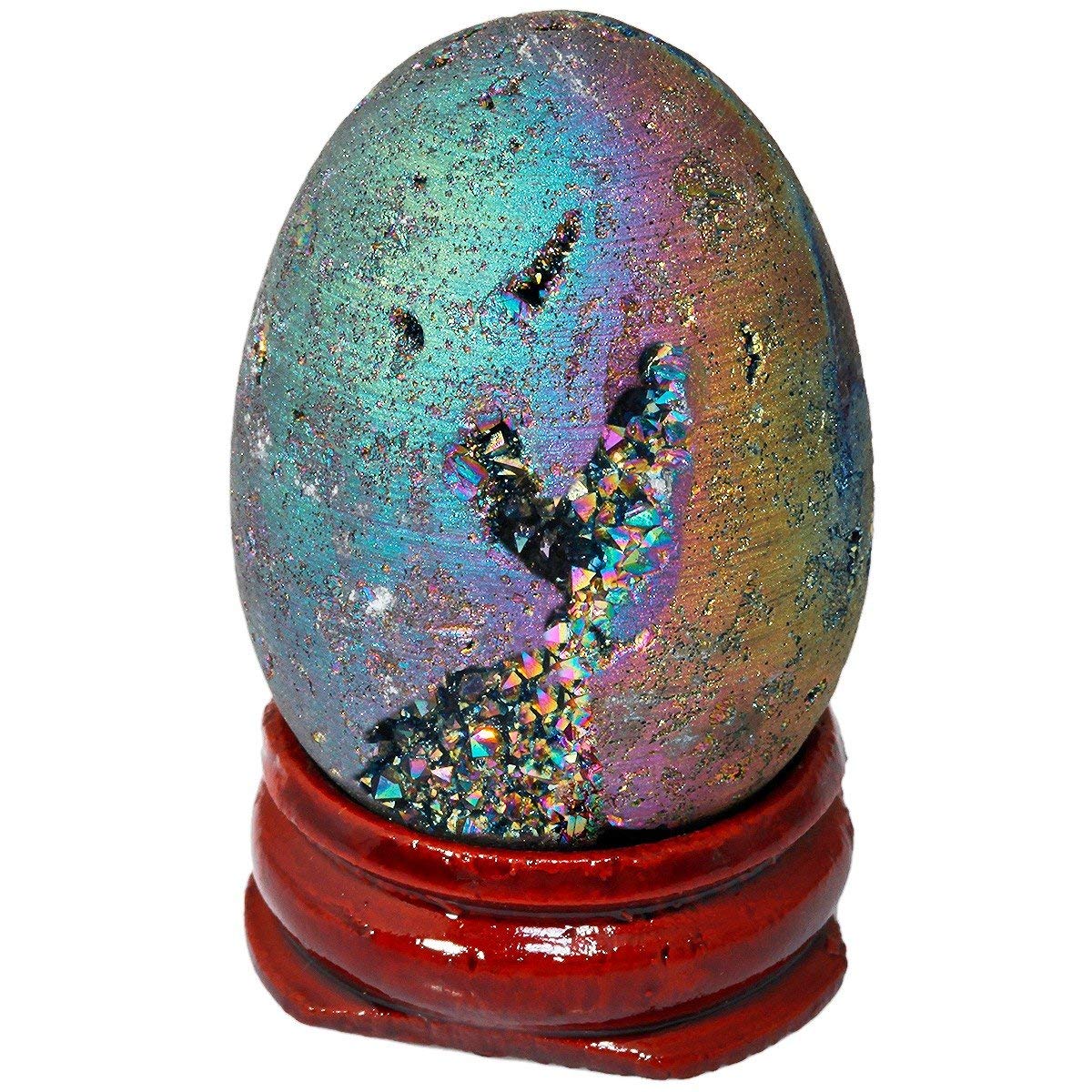 mookaitedecor Bundle - 2 Items: Citrine & Amethyst Crystal Money Tree & Titanium Coated Crystal Egg Figurines with Wood Stand for Feng Shui Decor