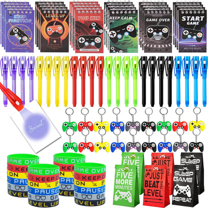 EODVICS 120 Pcs Video Game Party Favors for Kids - Goodie Bag Stuffers with Invisible Ink Pens, Mini Notebooks, Silicone Bracelets, Controller Keychains, Gaming Birthday Party Supplies
