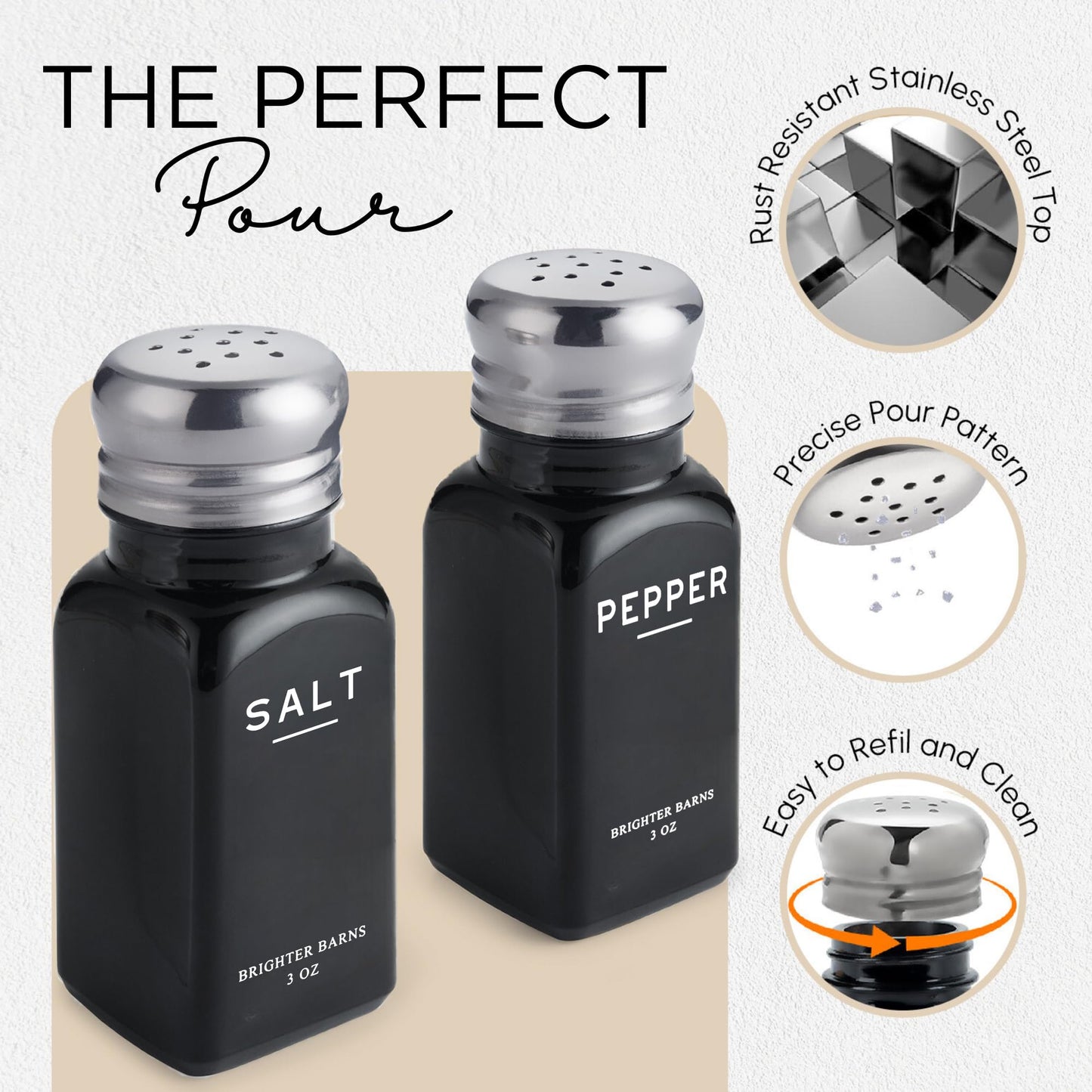 Black Salt and Pepper Shakers Set with Holder by Brighter Barns - Farmhouse Kitchen Decor, Modern Kitchen Essentials, Dining Table Centerpiece Decor - Glass Shakers with Caddy for Restaurants (Black)