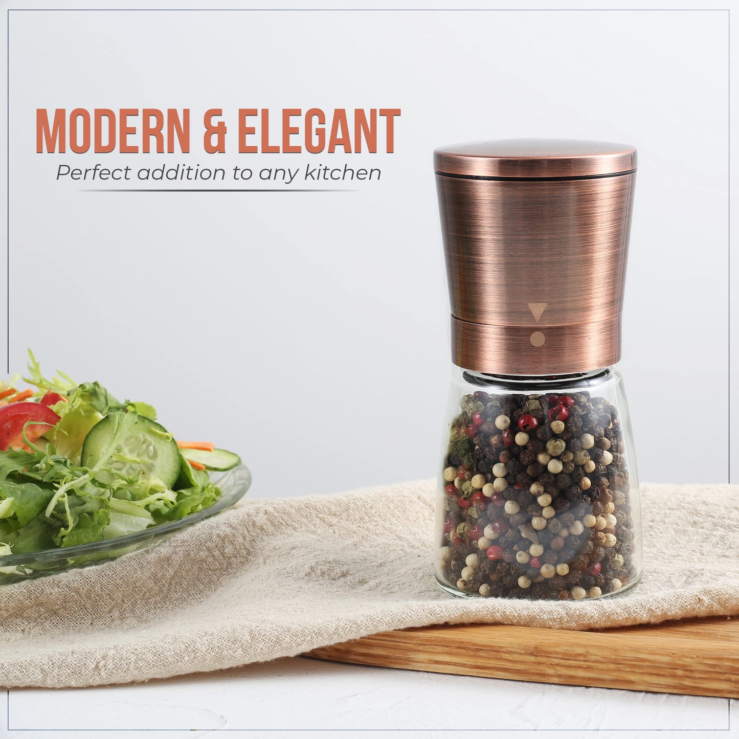 Copper Pepper Grinder or Pepper Mill, Manual Salt Grinder Refillable with Adjustable Coarseness, Black Pepper Grinder Made of Stainless Steel, Himalayan Salt and Sea Salt Grinder