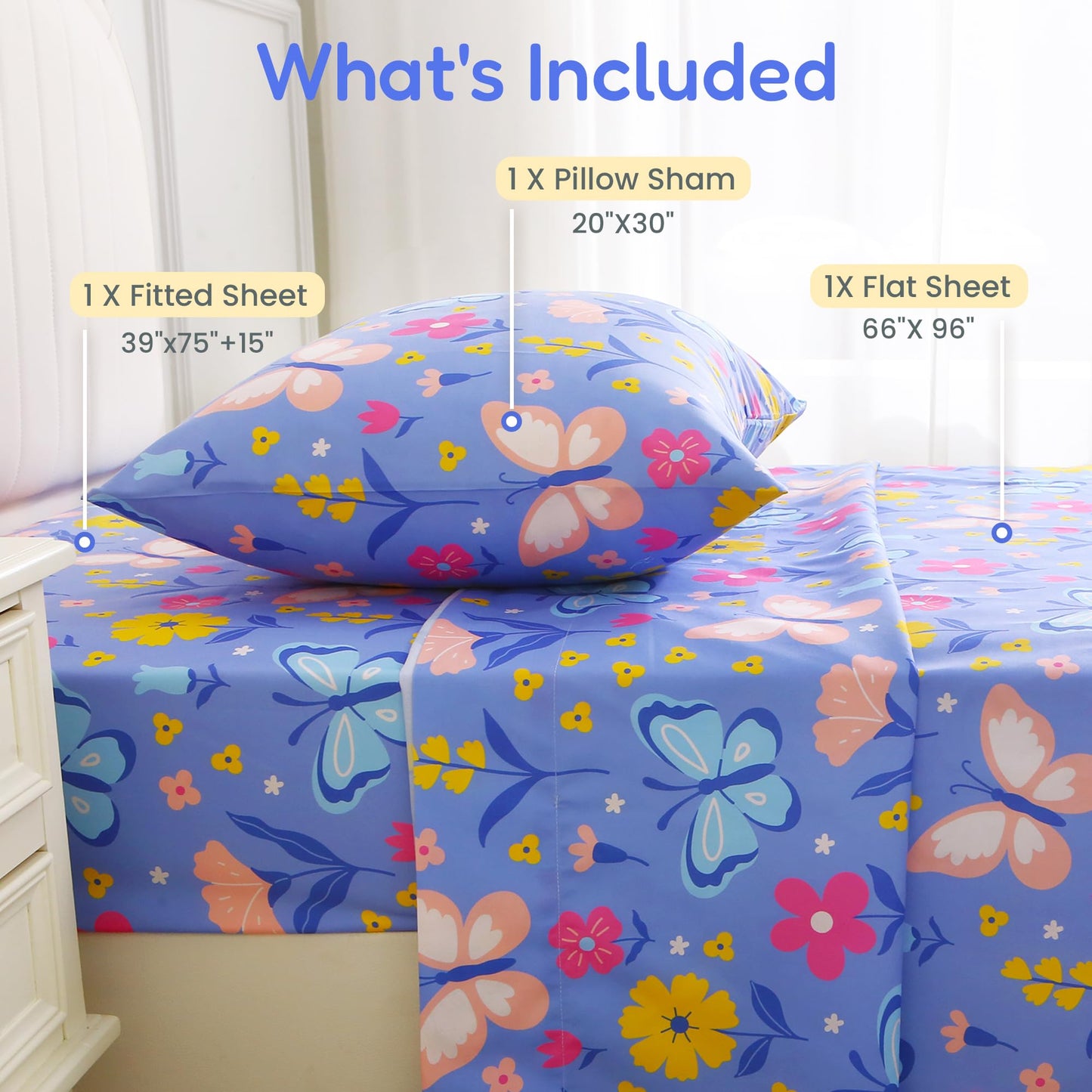 Softan Kids Twin Sheets Set, 3 Piece Butterfly Floral Bedding Set for Girls, Soft Breathable Microfiber with 15" Deep Pocket, Fitted Flat Sheet & Pillowcase