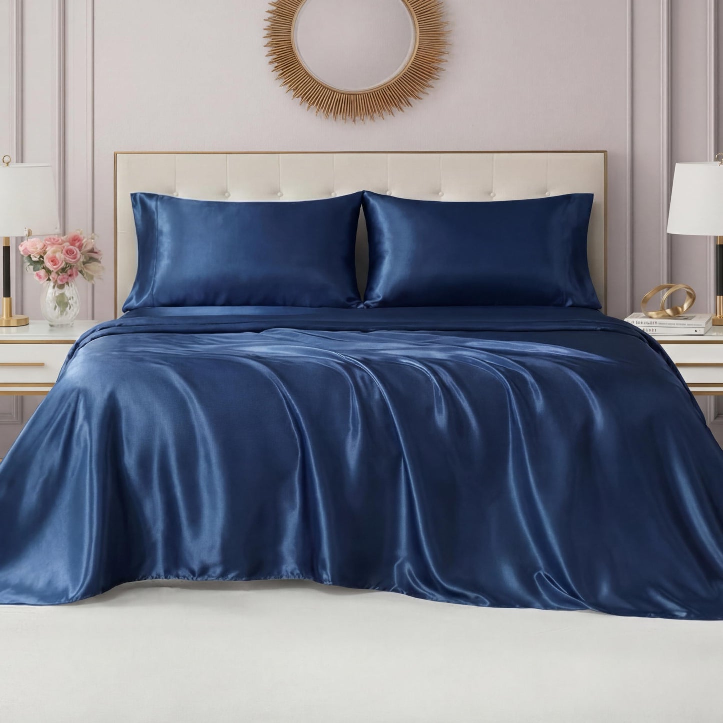 Juicy Couture Full Size Satin Bed Sheet Set, Deep Pocket Silky Satin Full Sheet Set with 1 Fitted Sheet, 1 Flat Sheet and 2 Pillowcases, Wrinkle Resistant and Anti Pilling Bed Sheets - Dark Blue