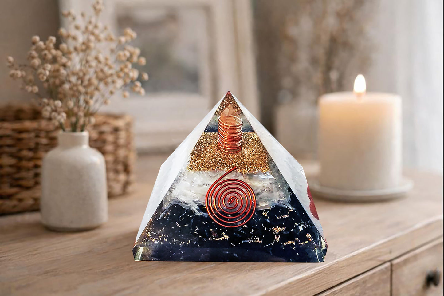 Shungite Orgonite Pyramid with Selenite – Handcrafted Crystal Pyramid for Home & Meditation Space