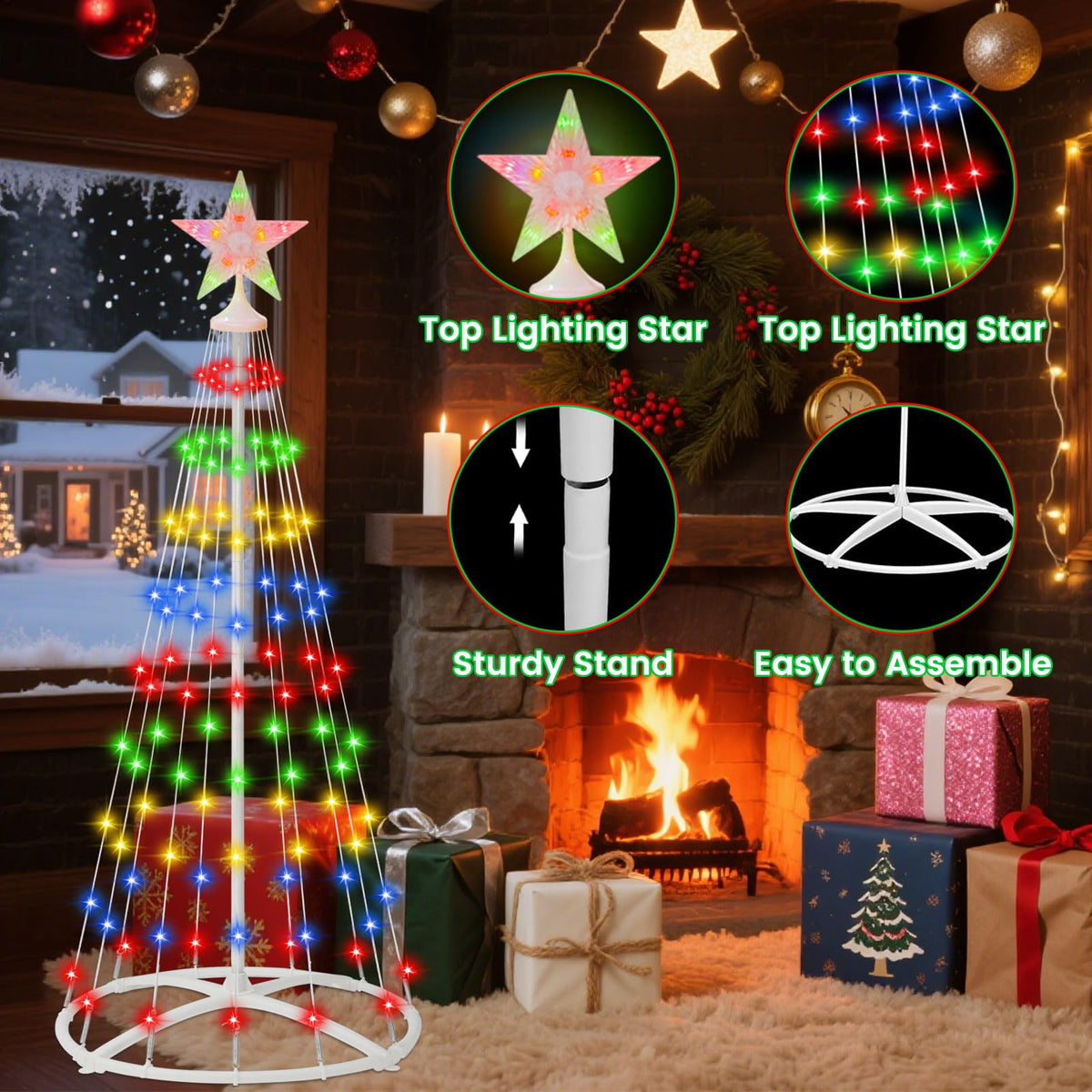 IDEAALS 4FT 118LED Outdoor Solar Christmas Cone Tree Lights, 8 Modes Timer Remote RGB Christmas Tree Lights with Star Topper for Xmas Yard Porch Patio Holiday Decor