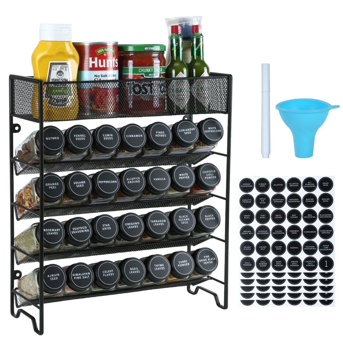 Spice Rack Organizer with 28 Spice Jars, Black Lids，Spice Labels, Chalk pen and Funnel Set for Cabinet, Countertop, Pantry, Cupboard or Wall Mount