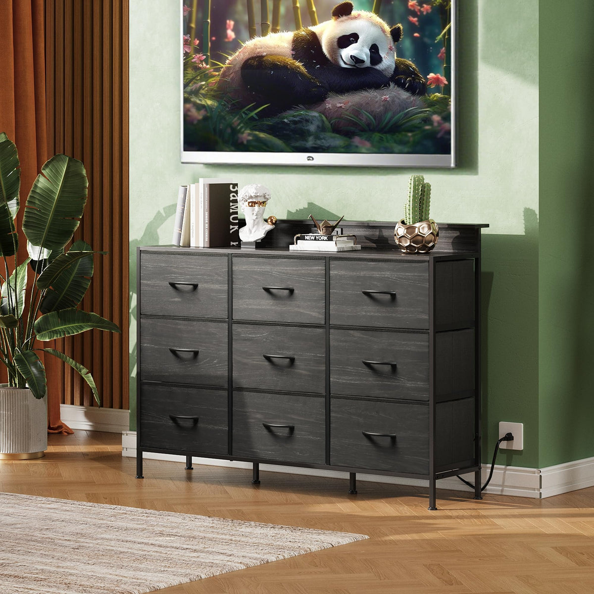 WLIVE Black Dresser TV Stand for 45, 50, 55 inch TV, Entertainment Center with LED Lights & Charging Station, Chest of drawers with 9 Fabric Drawers and Open Shelves for Living Room, Hallway, Wood Top