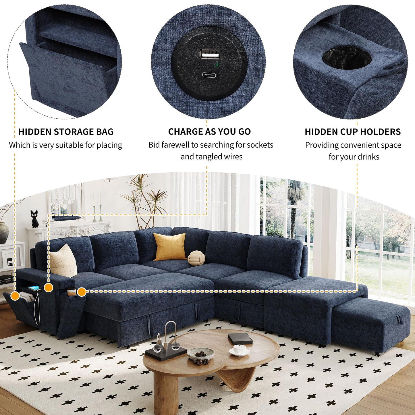 Merax L-Shaped Modular Sectional Sofa with Removable Storage Ottoman, USB Ports and Cup Holder, 6-Seats Upholstered Couch & Armrest, Free Combination Indoor Furniture for Living Room, Apartments, Blue