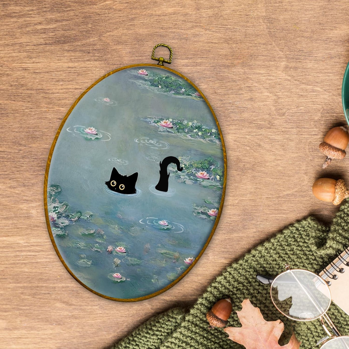 Black Cat Wall Hanging, Black Cat Among Pink Water Lilies, Evening Retro Preppy Style Animal Painting, Suitable for Living Room, Bedroom, and Bathroom Decoration, Christmas Gifts for Granddaughter, 8.5x11.2 inches