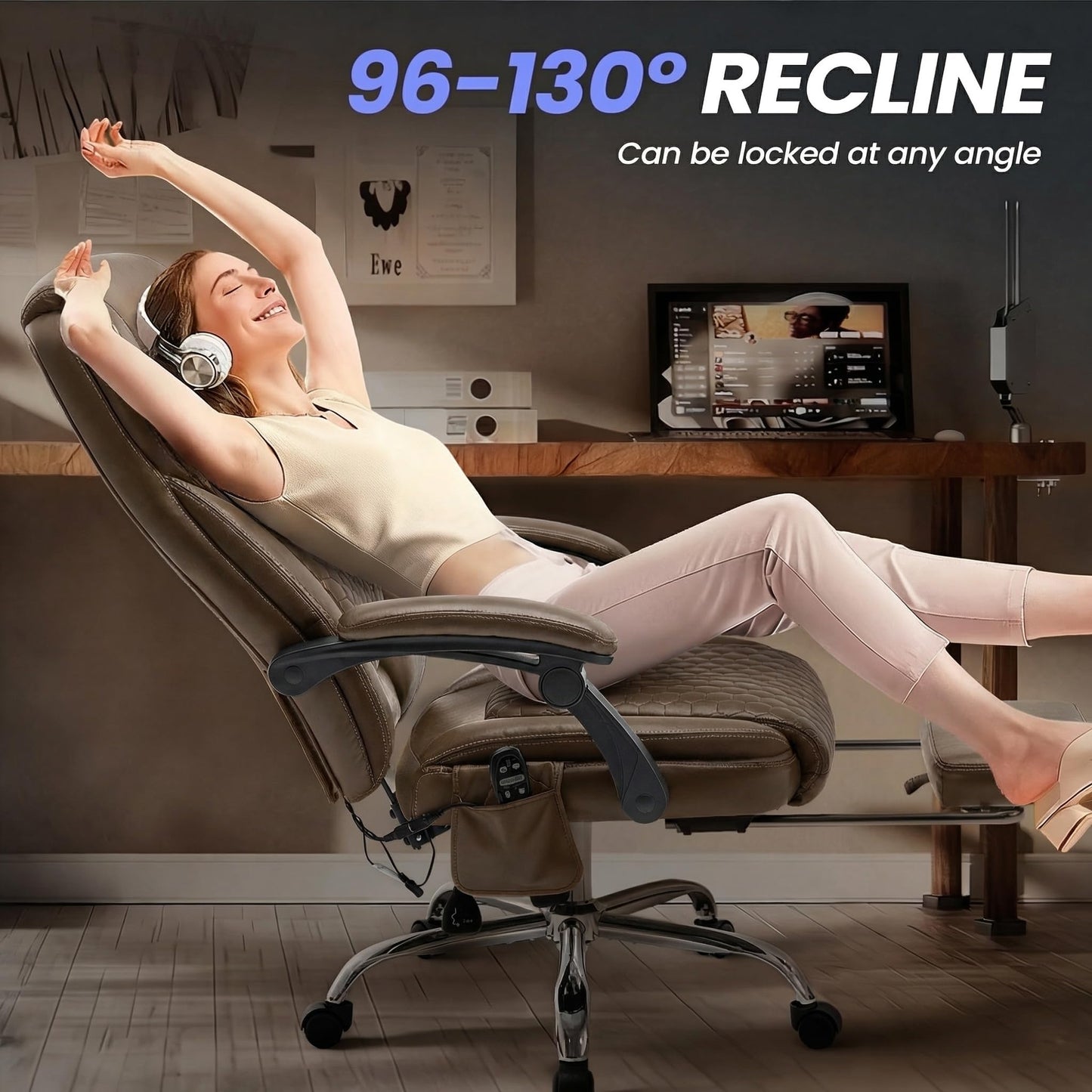 MALOL Massage Office Chair with Heat and Footrest - 3-Level 65°C Targeted Heating, 20-Min Easy Assembly Leather Desk Chair, Big and Tall Executive Computer Chair with Side Pocket, 300 lbs, Brown