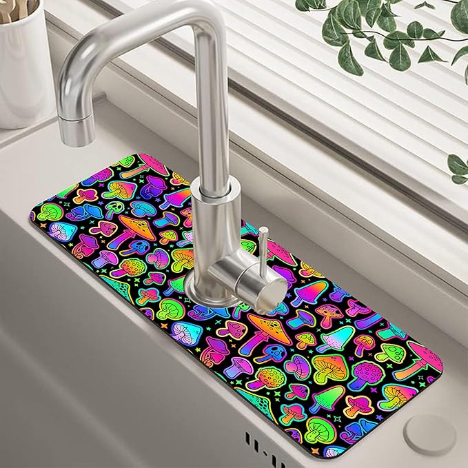 Bright Neon Mushroom Kitchen Sink Splash Guard Absorbent Fast Drying Mat Faucet