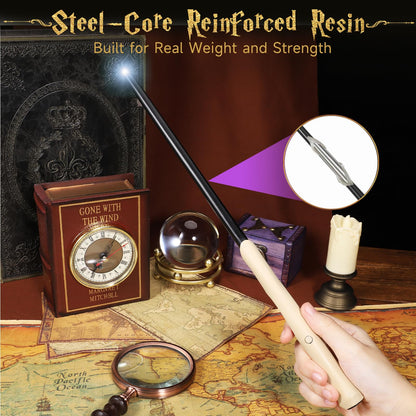 EnrichFun Light Up Wizard Magic Wand with 5 Static Color Lights Rechargeable LED Resin Witch Wands for Kids Cosplay Collection, with Acrylic Stand, (Bone)